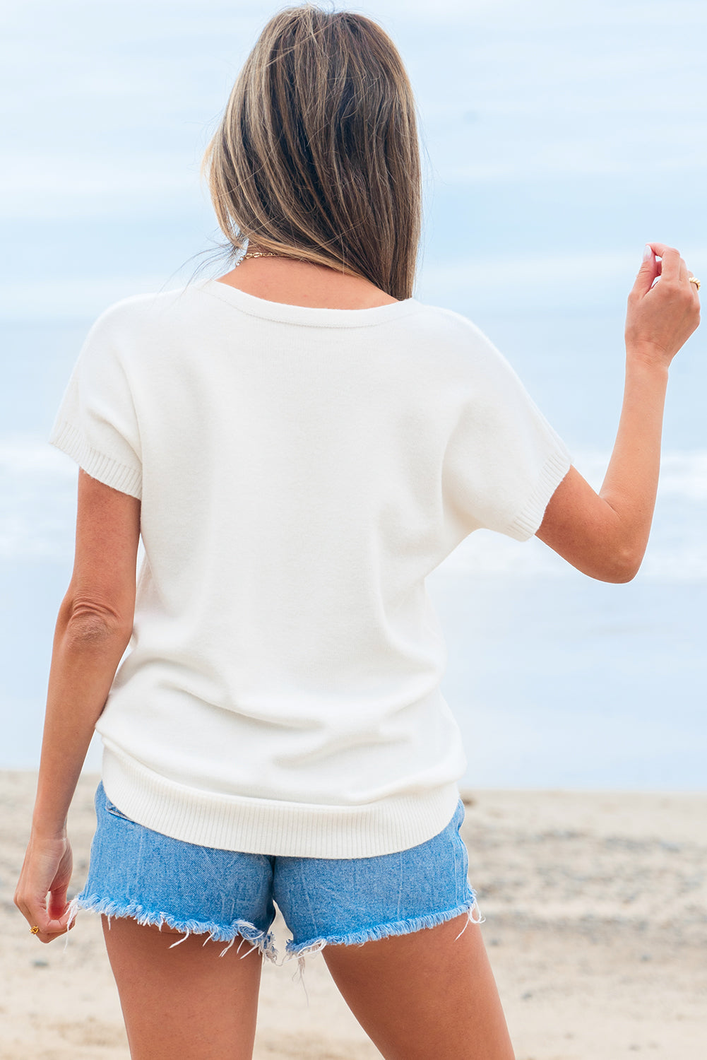 White Bow Pattern Knit Short Sleeve Sweater #17