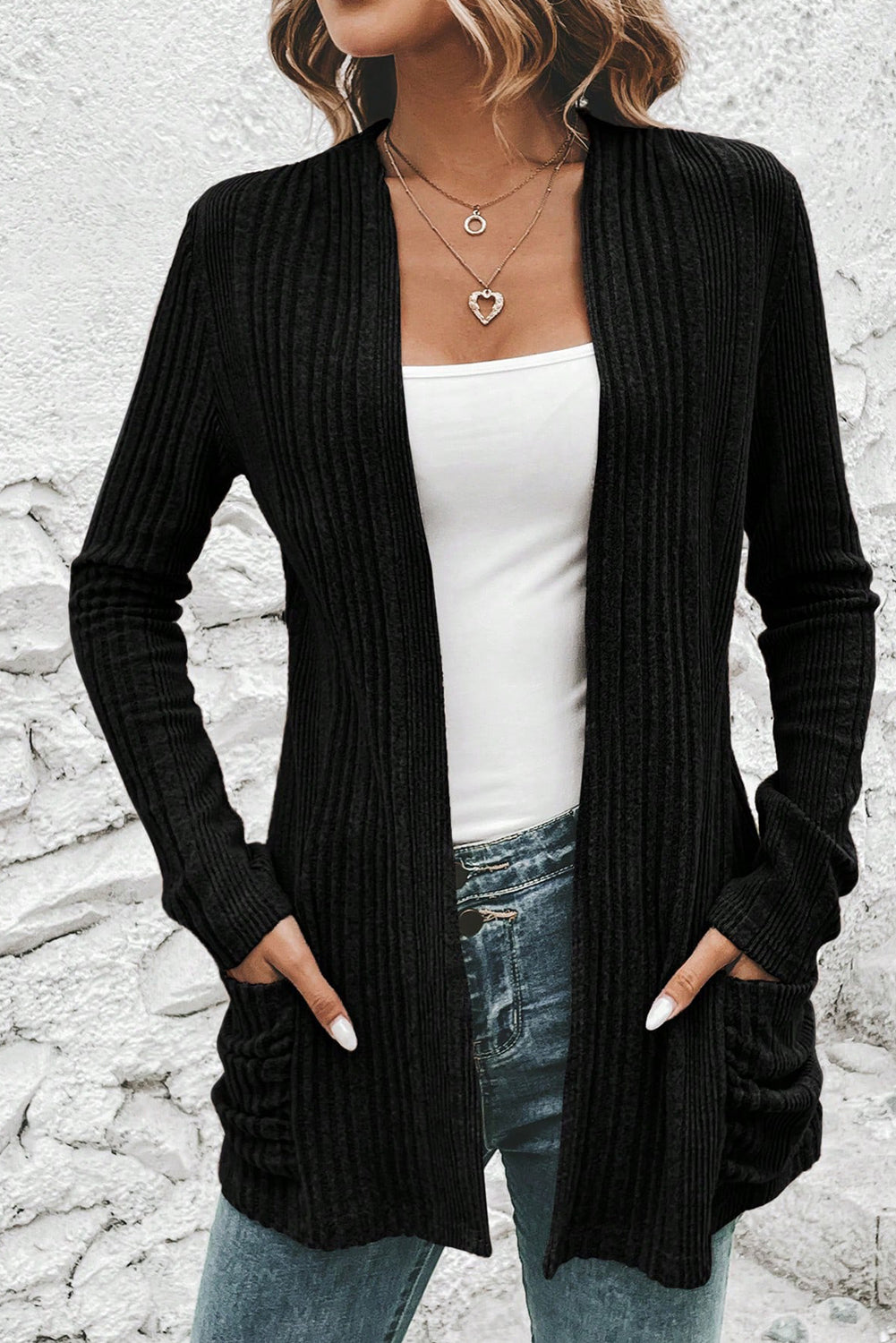 Black Ribbed Open Front Knitted Top with Pockets #133