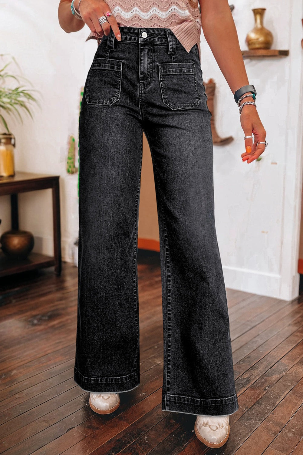 Black Wide Leg Pocketed High Waist Jeans #264