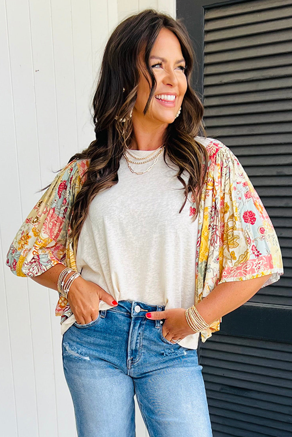 Beige Floral Patchwork Half Batwing Sleeve Blouse #255