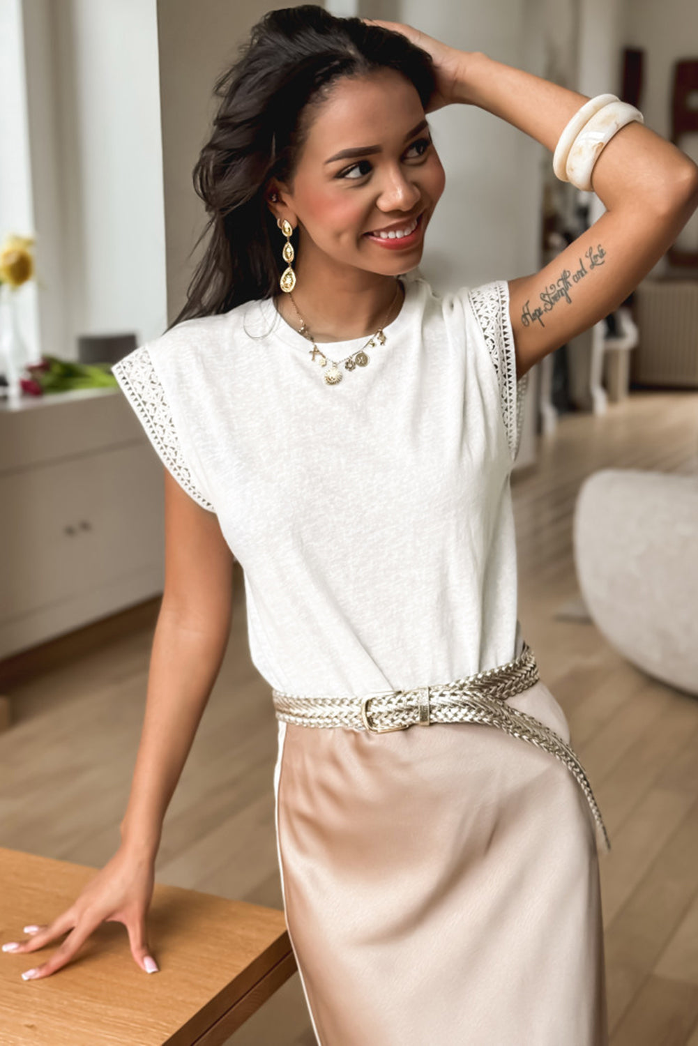 White Lace Patchwork Cap Sleeve Round Neck T Shirt #267