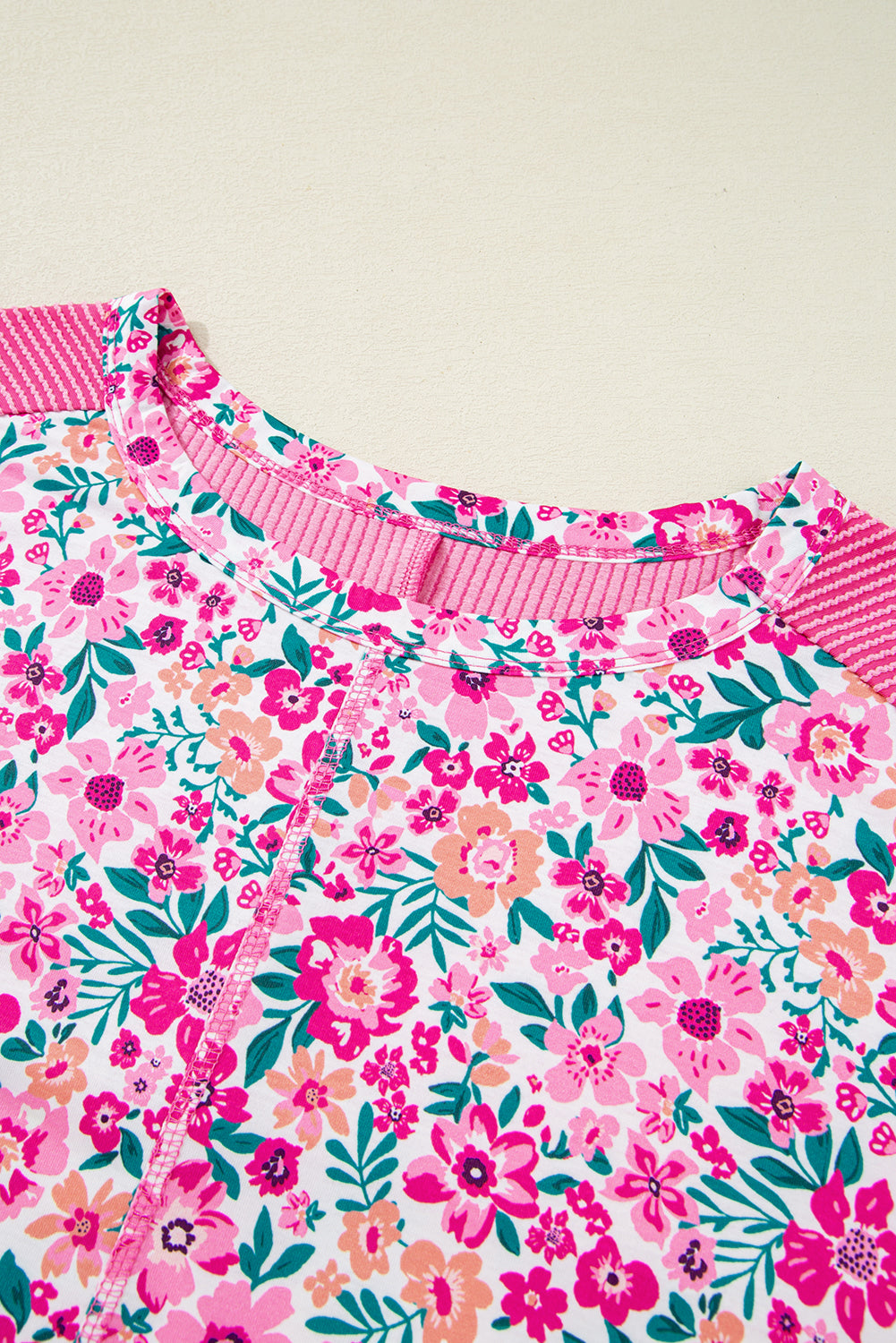 Pink Plus Size Floral Print Corded Patchwork Loose Top #268