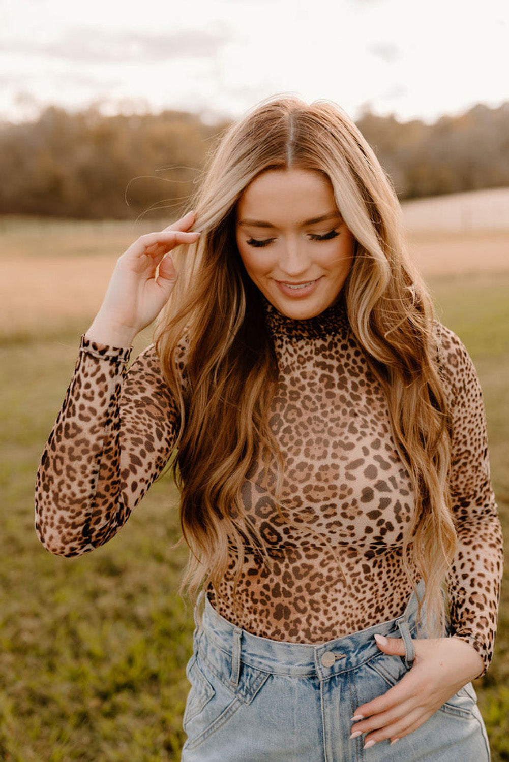 Brown Leopard Smocked Neck Mesh Long Sleeve Bodysuit #102