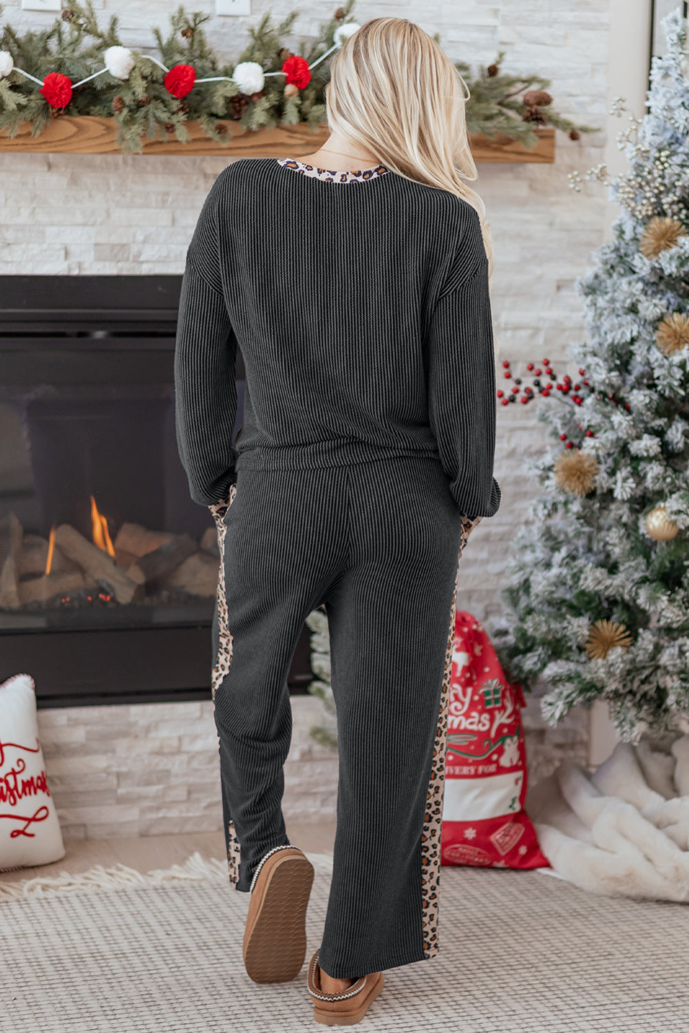 Carbon Grey Twisted Rib Texture Leopard Patchwork Detail 2pcs Pant Set #128