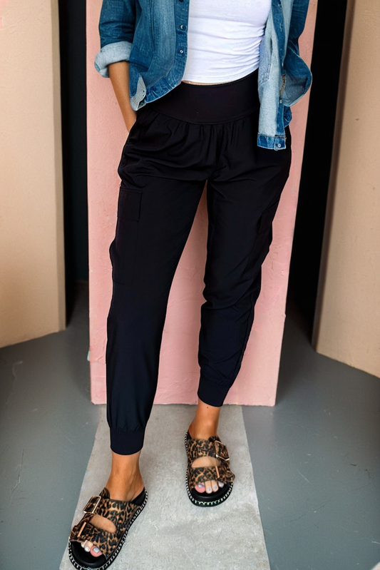 Black Elastic High Waist Pocketed Cargo Jogger Pants #123
