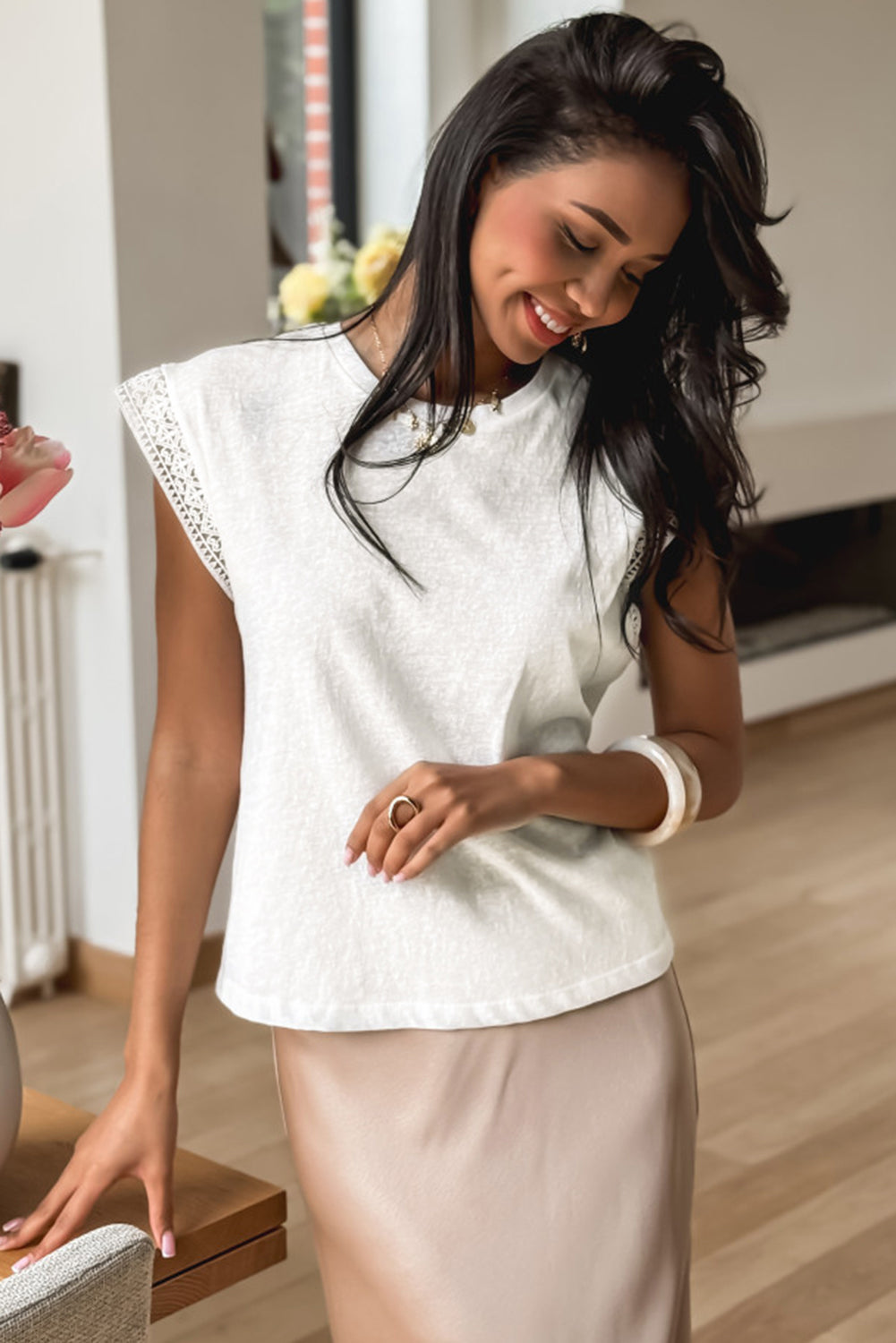 White Lace Patchwork Cap Sleeve Round Neck T Shirt #267