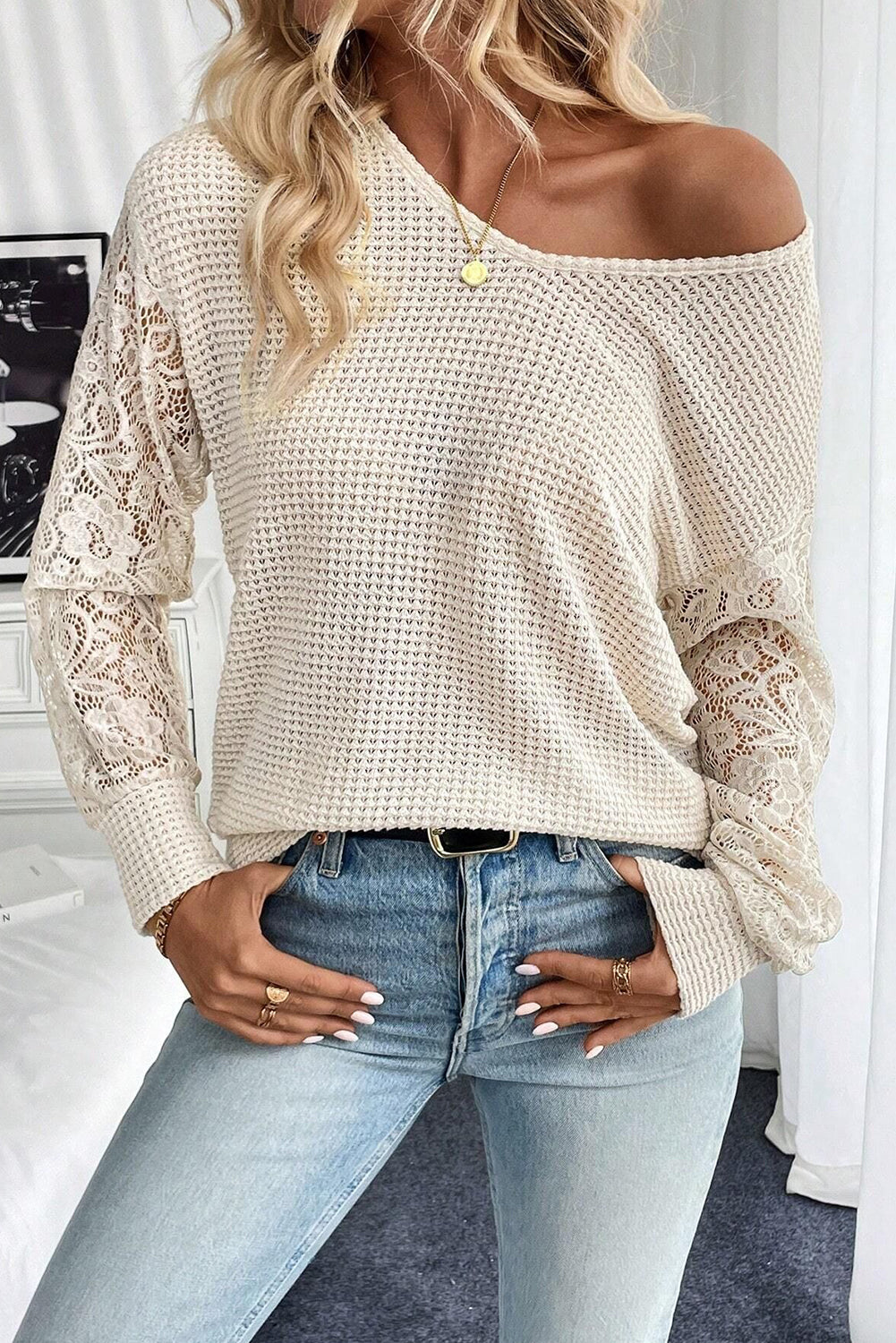 Beige V Neck Breathable Knit Drop Shoulder Lace Sleeve Patchwork Top #138