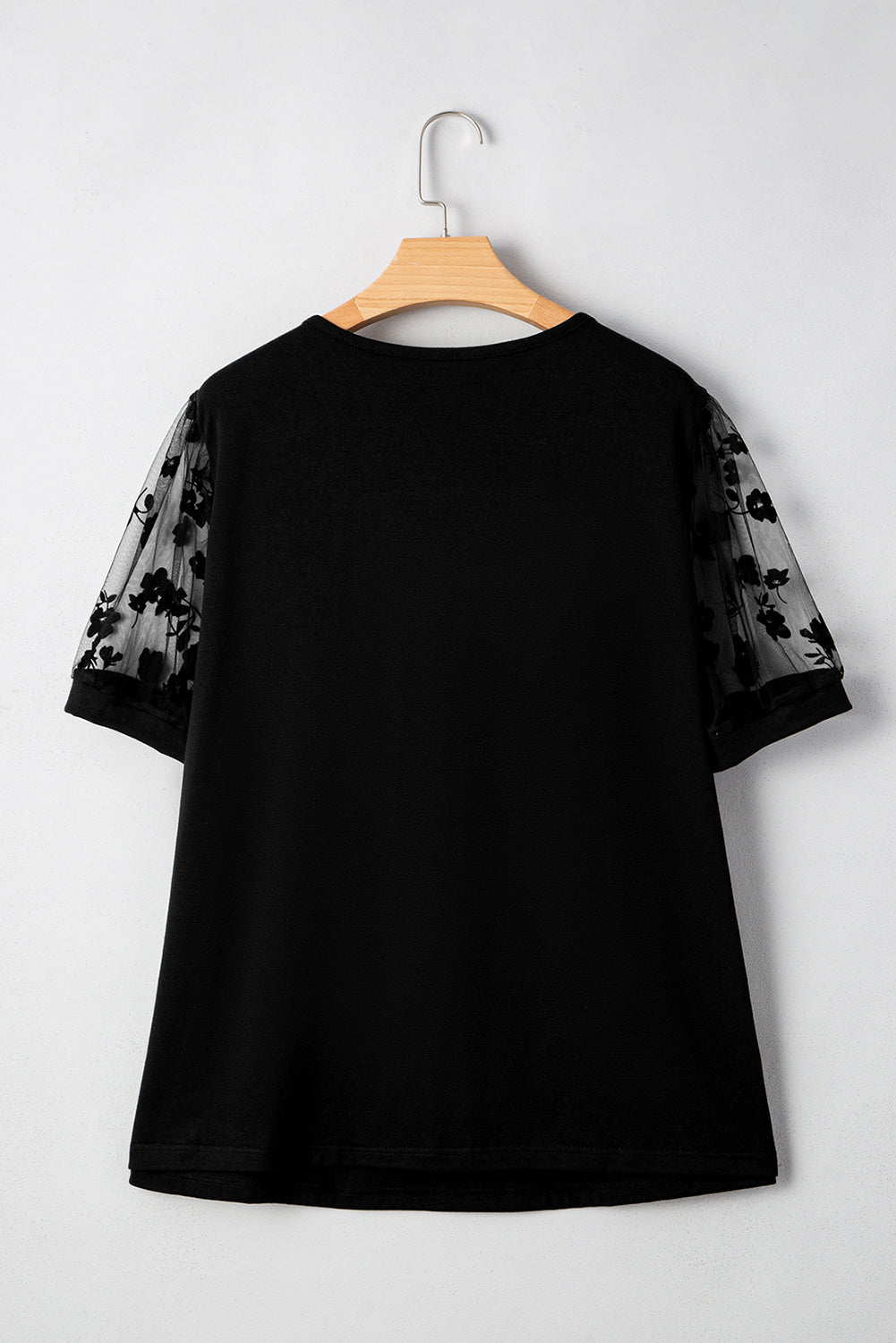 Black Floral Mesh Patchwork Loose V Neck Plus Size T Shirt #260