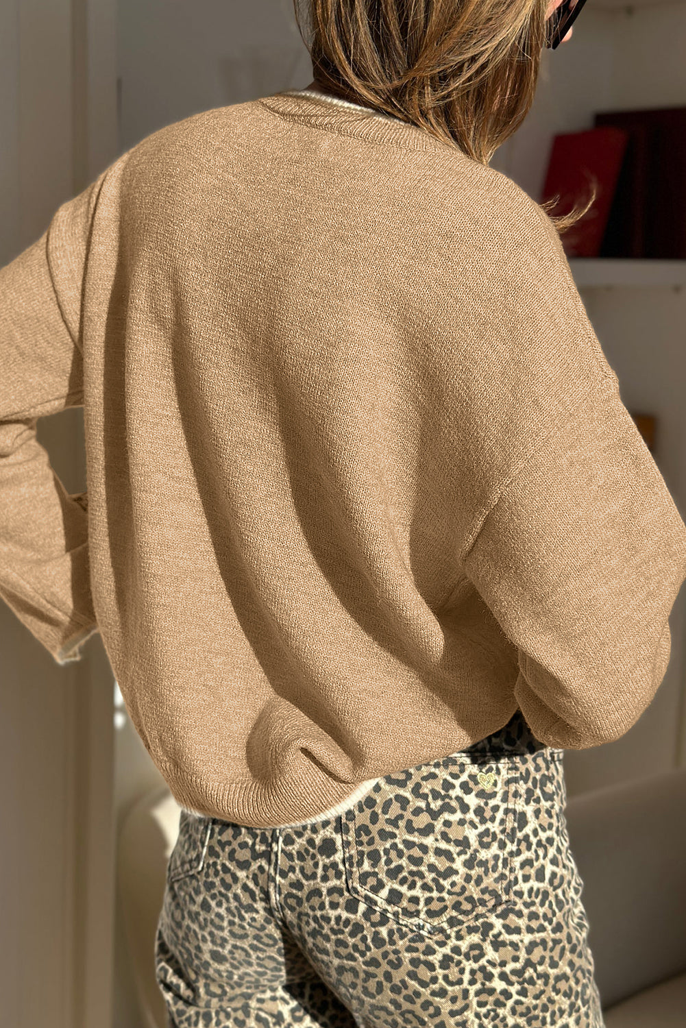 Tan Leopard Bow Decor Split Cuff Contrast Trim Sweater #122