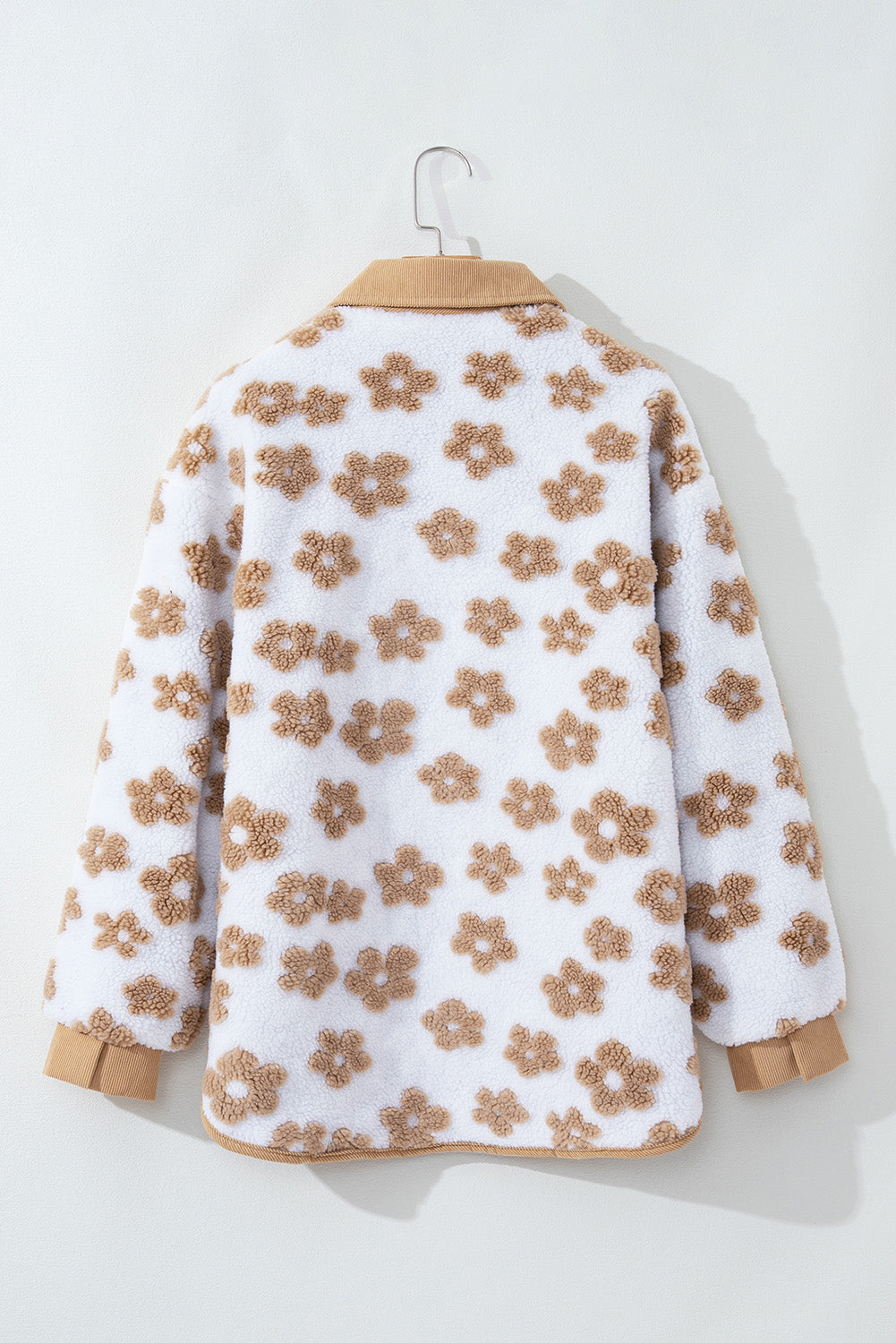 Light French Beige Cute Flower Pattern Button Up Fleece Jacket #110