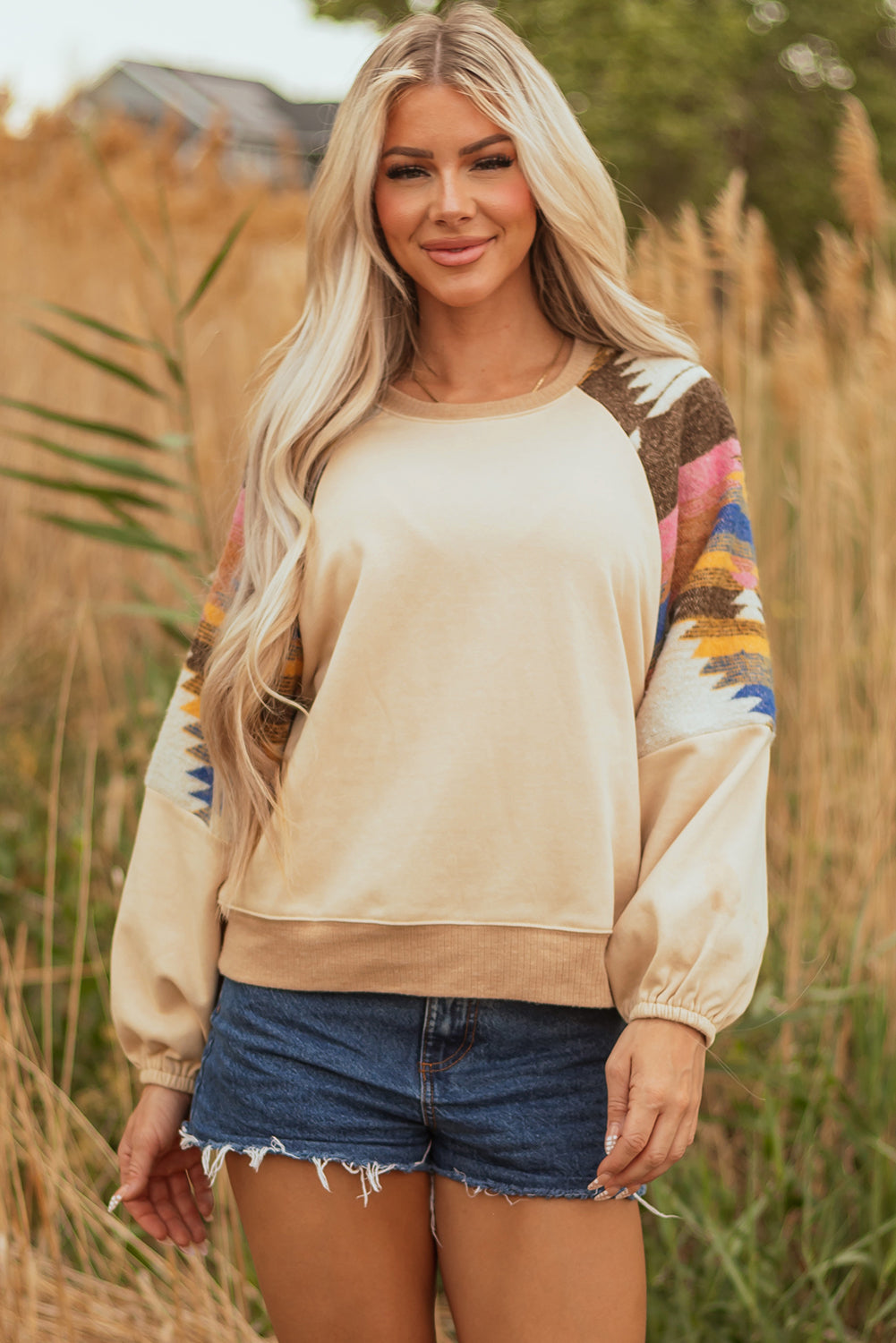 Light French Beige Aztec Patchwork Raglan Pullover Sweatshirt #120