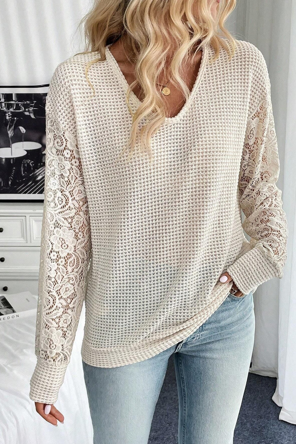 Beige V Neck Breathable Knit Drop Shoulder Lace Sleeve Patchwork Top #138