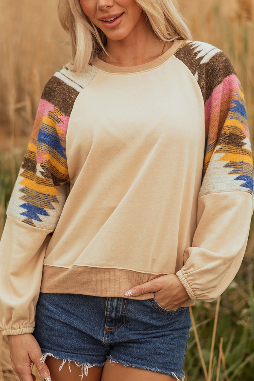 Light French Beige Aztec Patchwork Raglan Pullover Sweatshirt #120