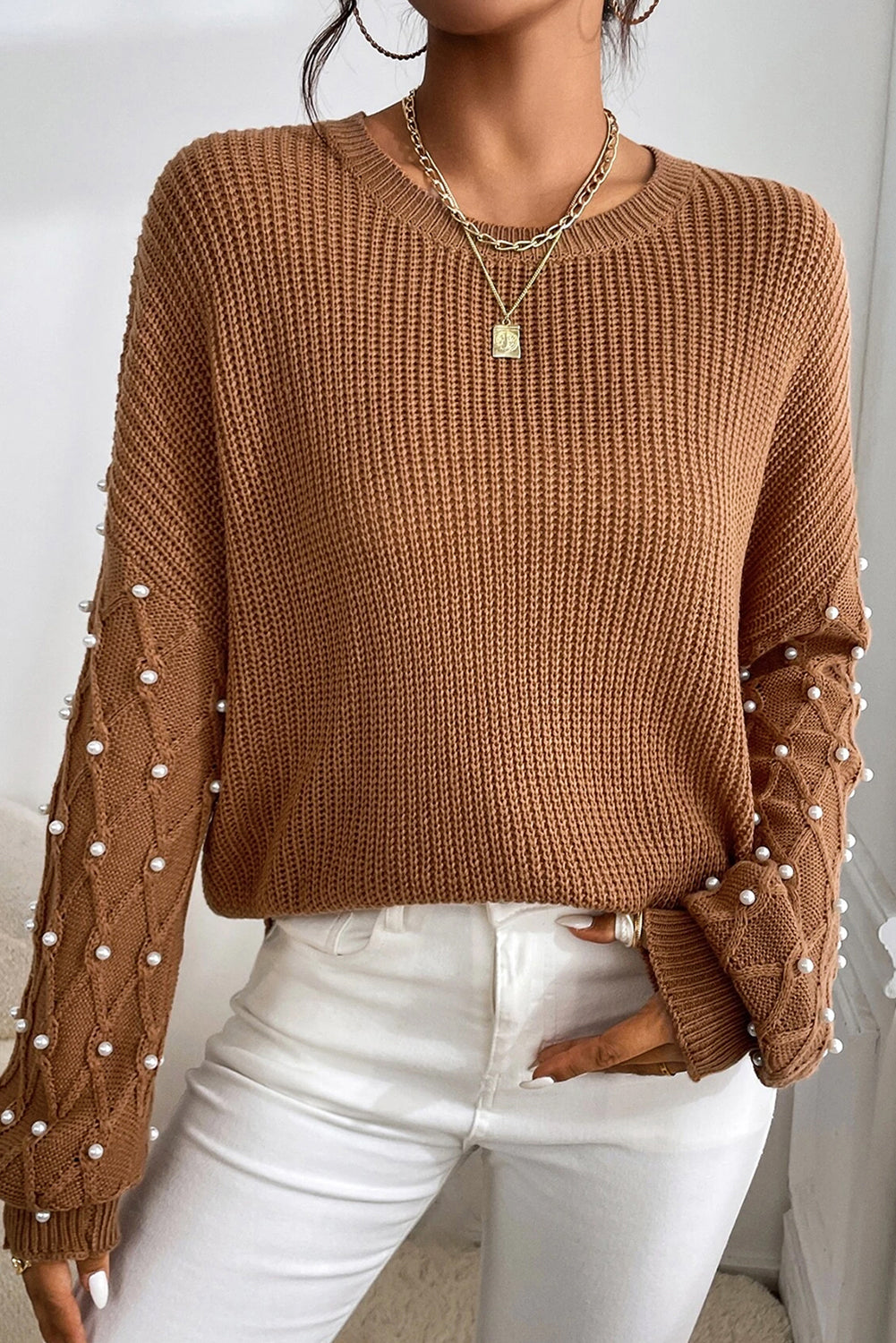 Chestnut Beaded Drop Shoulder Round Neck Sweater #111