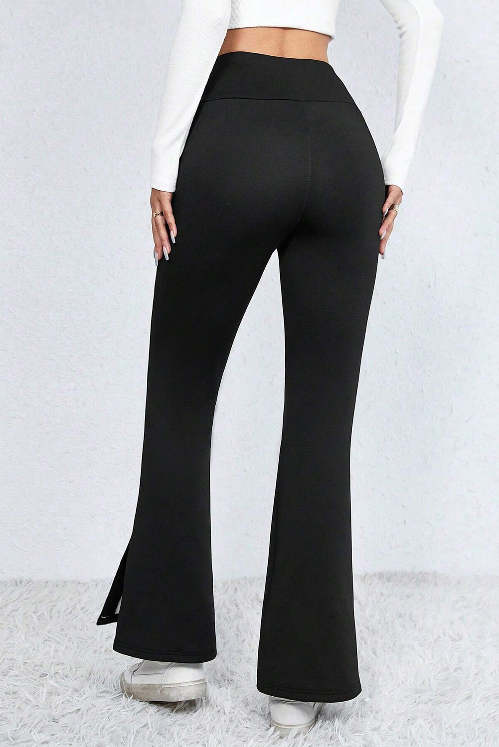 Black Thermal Lined Split Flare Leg Pants #103