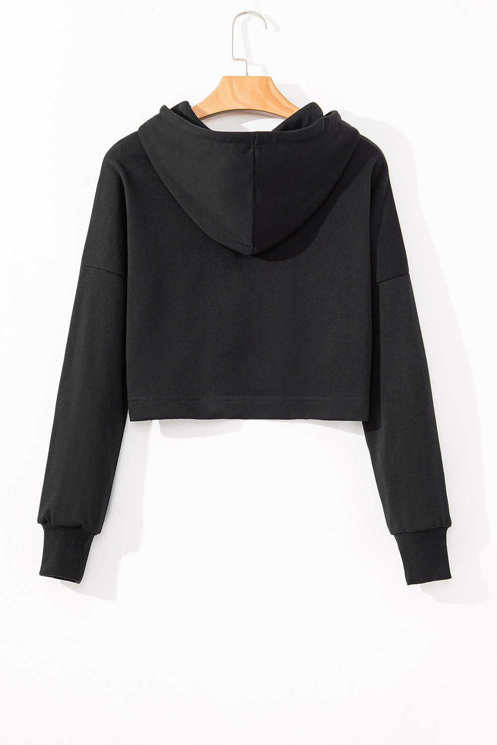 Black Solid Drop Shoulder Drawstring Cropped Hoodie #105