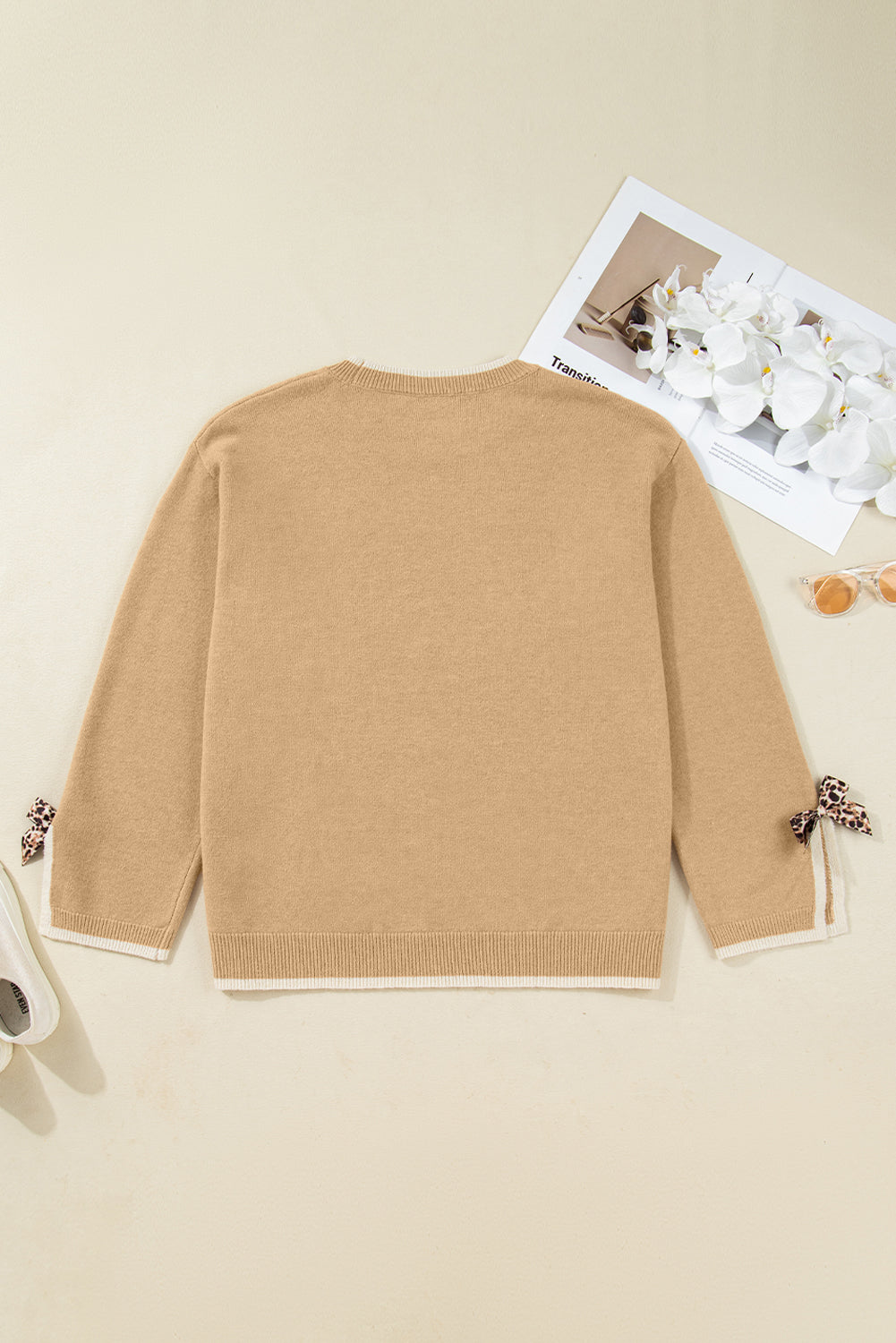 Tan Leopard Bow Decor Split Cuffs Loose Sweater #122
