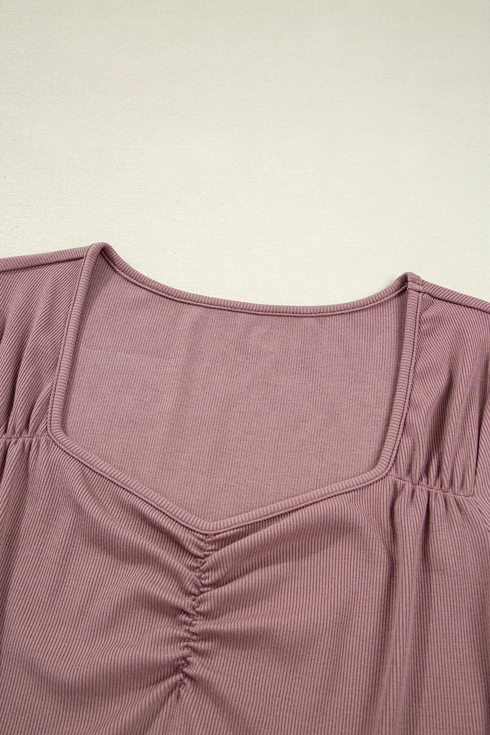 Old Rose Gathered Bust Square Neck Ribbed Fit Long Sleeve Top #21