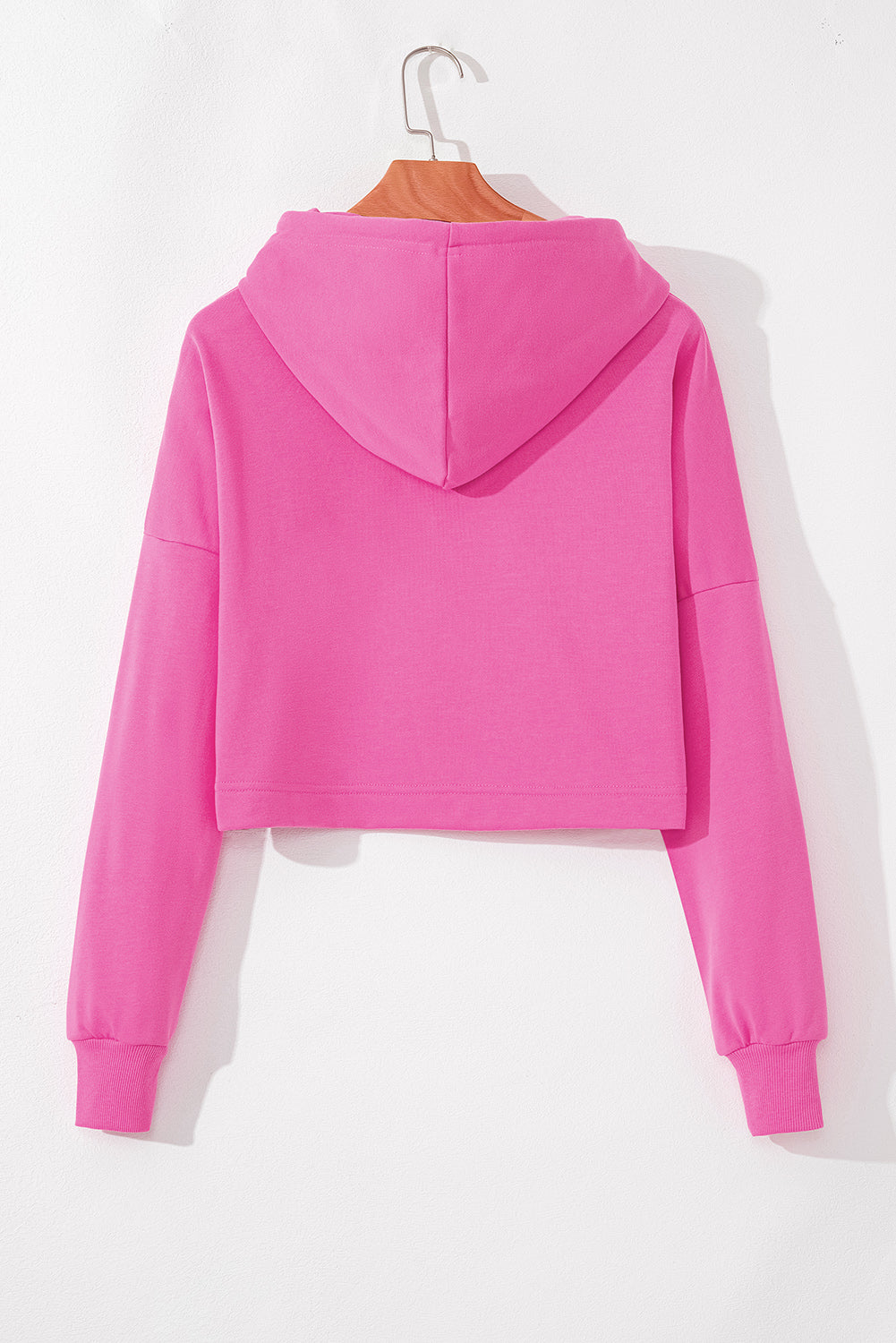 Sachet Pink Solid Drop Shoulder Drawstring Cropped Hoodie #105