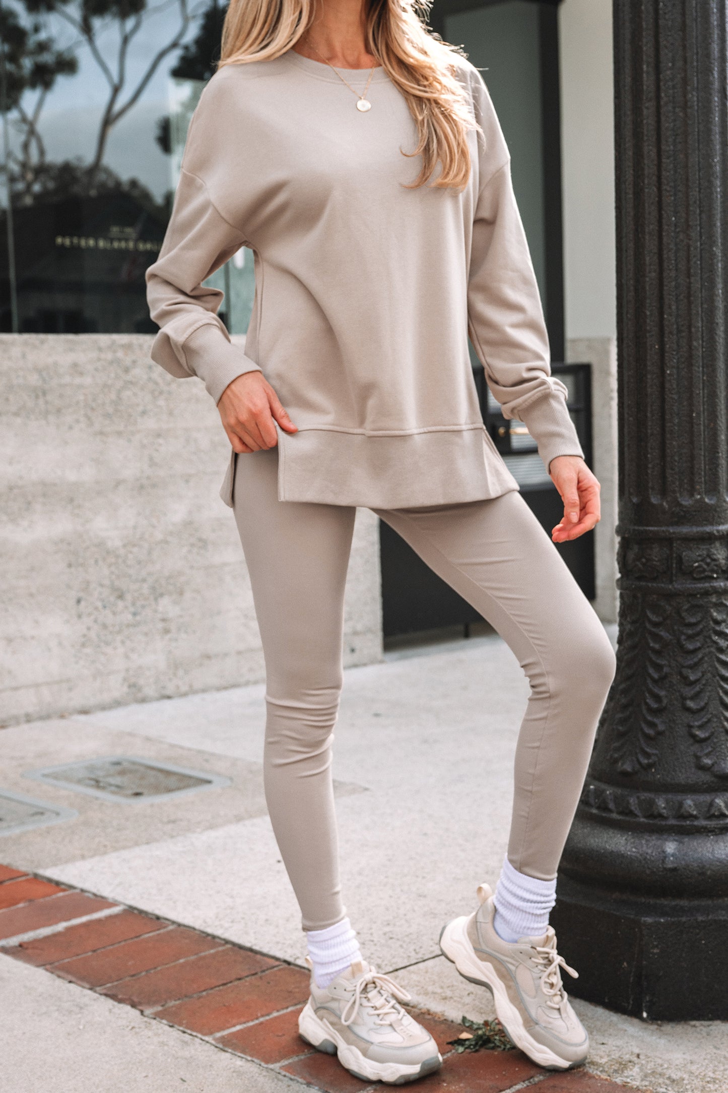 Jet Stream Solid Color Oversize Slit Sweatshirt Ribbed Leggings 2pcs Set #132