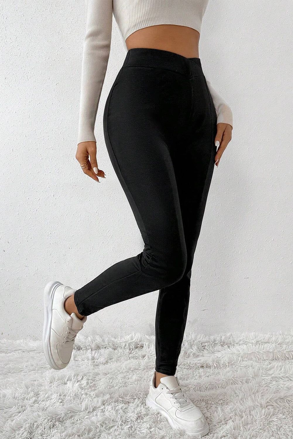 Black Crossed Waist Seamed Leg Thermal Leggings #104