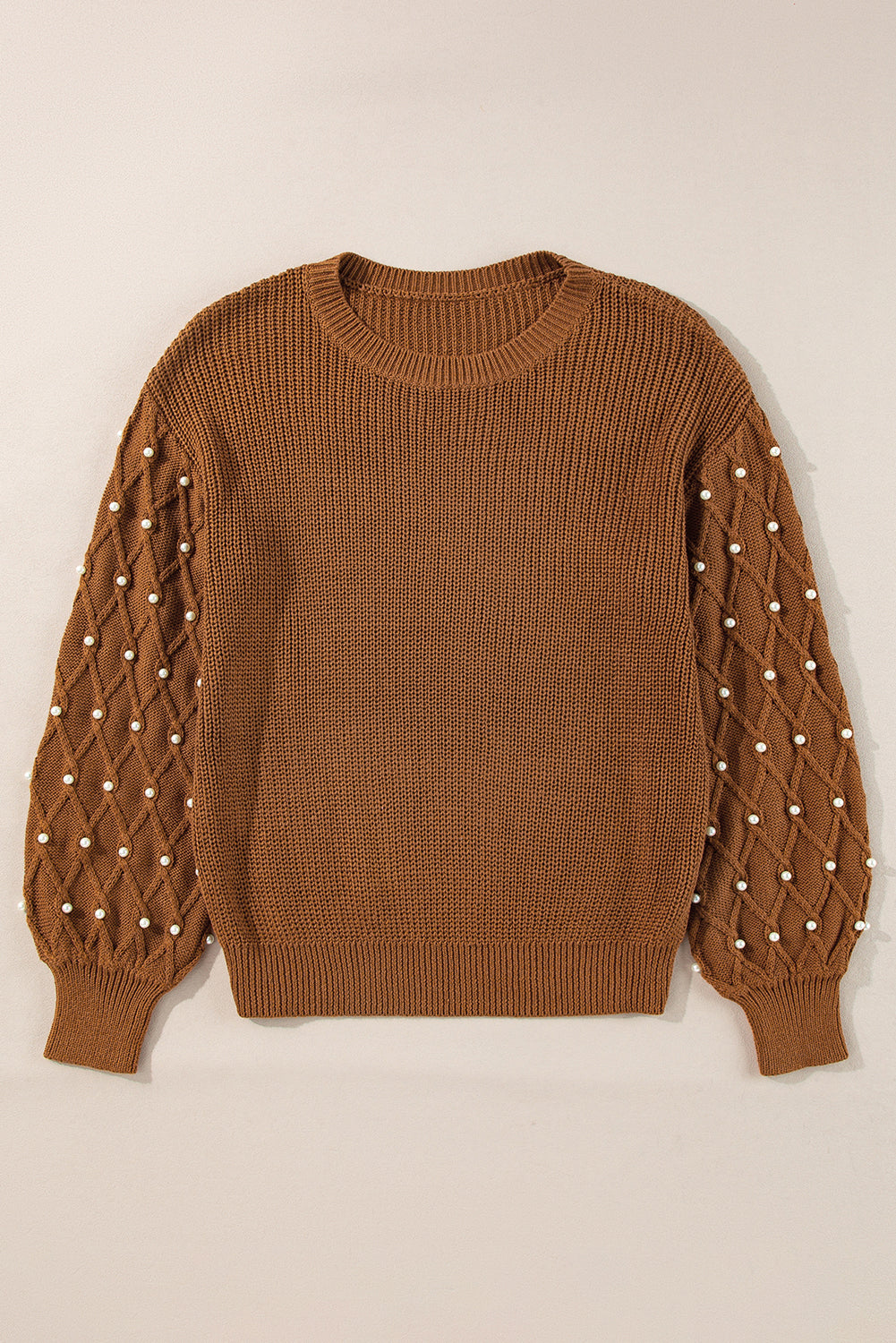 Chestnut Beaded Drop Shoulder Round Neck Sweater #111