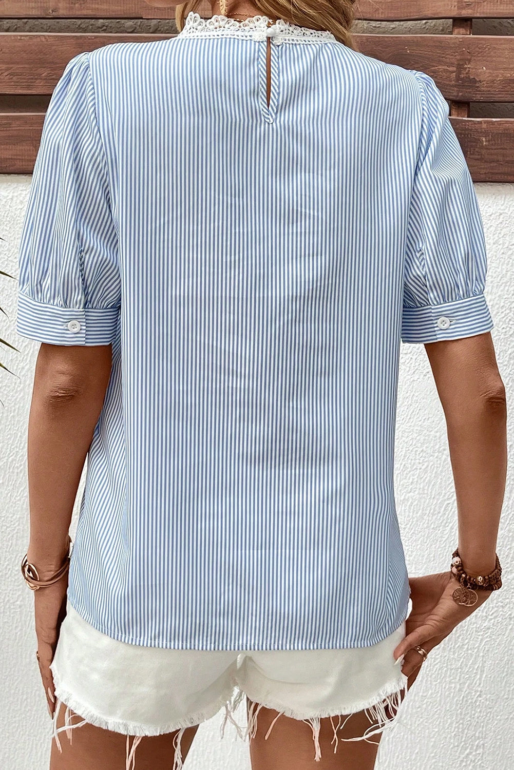 Sky Blue Stripe Floral Lace Splicing Puff Sleeve Blouse #3