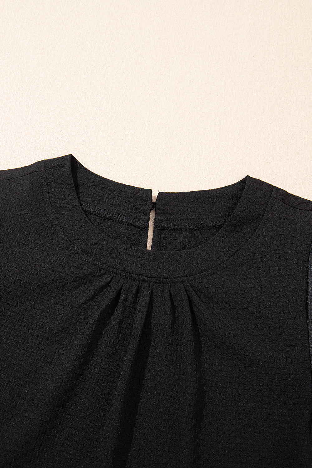 Black Feather Bubble Sleeve Patchwork Textured Blouse #4