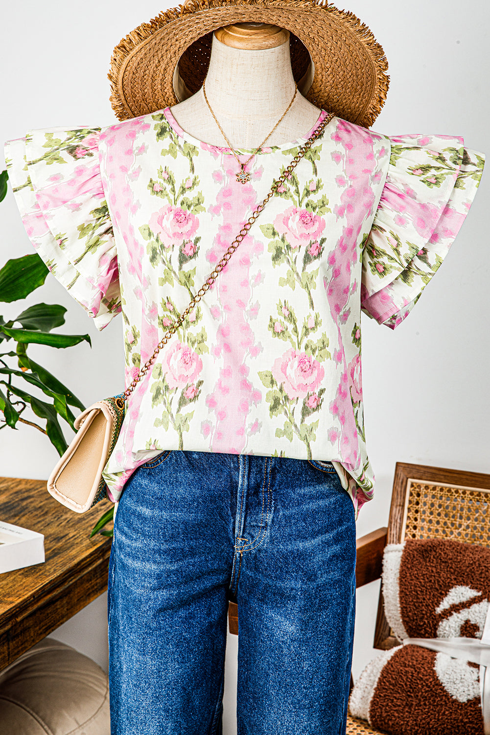 Top de verano con estampado floral rosa y mangas con volantes #5