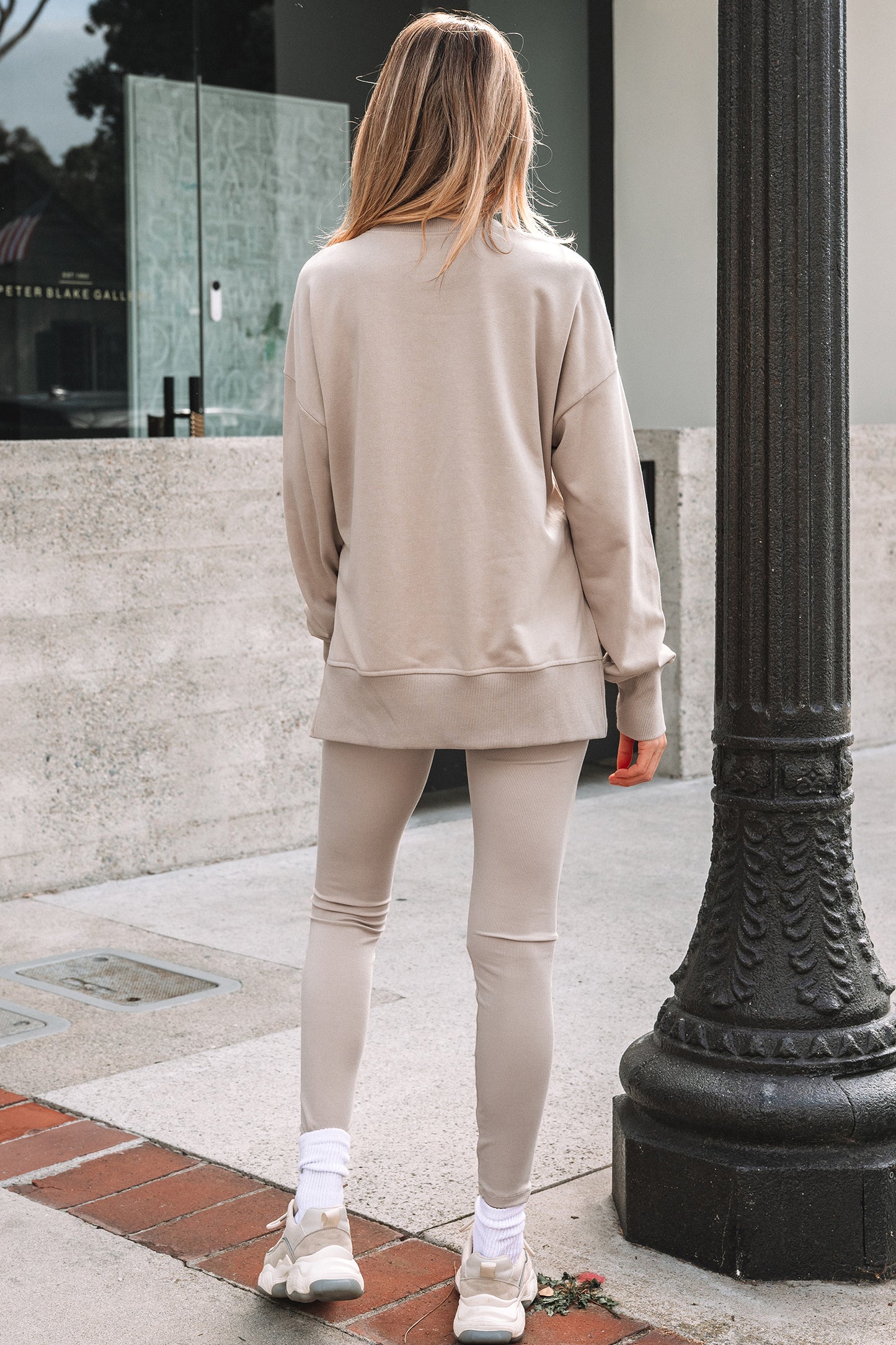 Jet Stream Solid Color Oversize Slit Sweatshirt Ribbed Leggings 2pcs Set #132