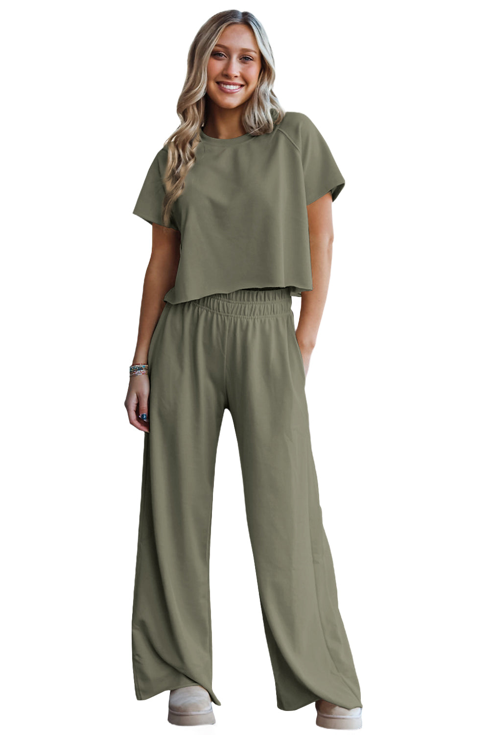 Seagrass Raw Hem Loose Tee and Wide Leg Pants Set #6