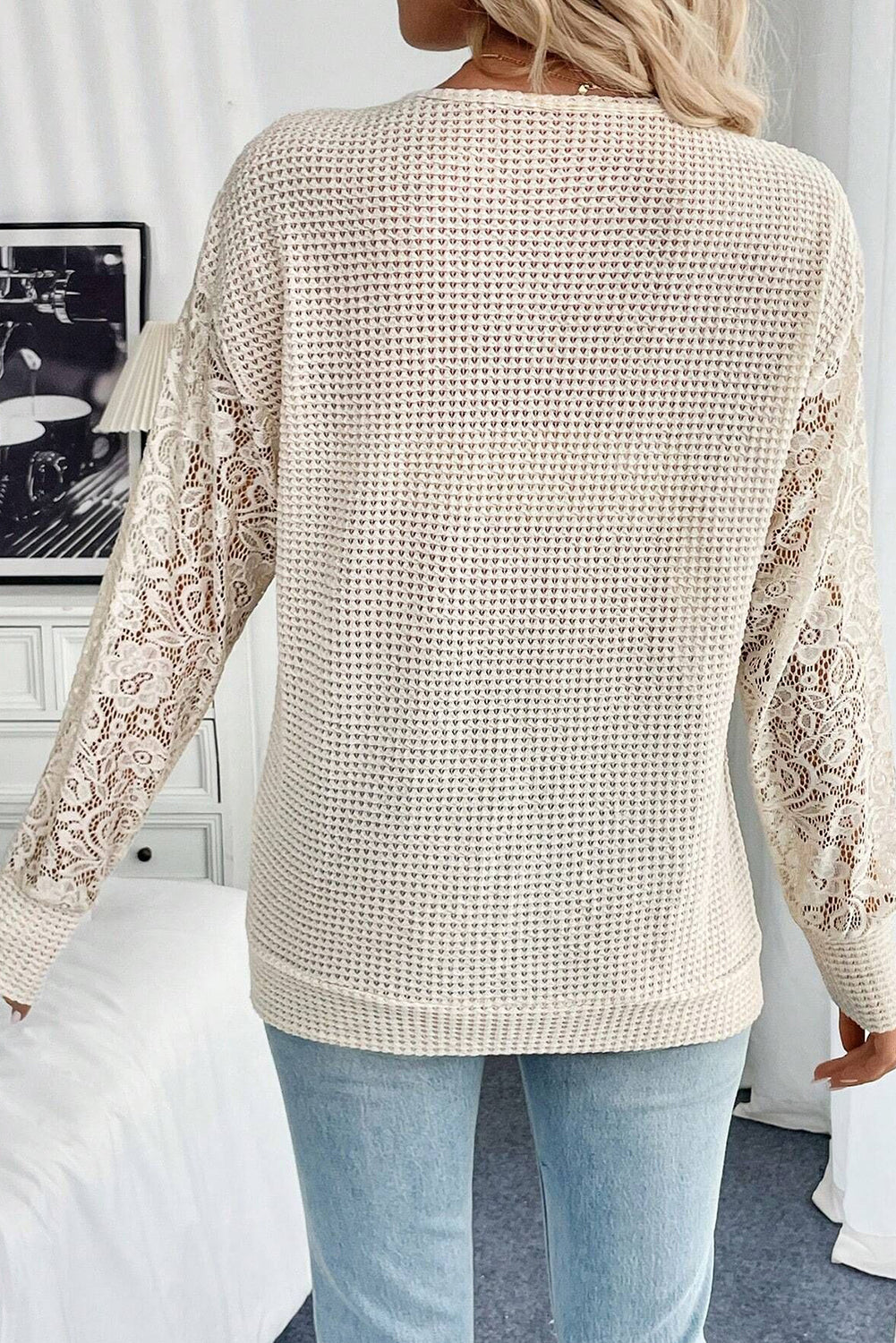 Beige V Neck Breathable Knit Drop Shoulder Lace Sleeve Patchwork Top #138