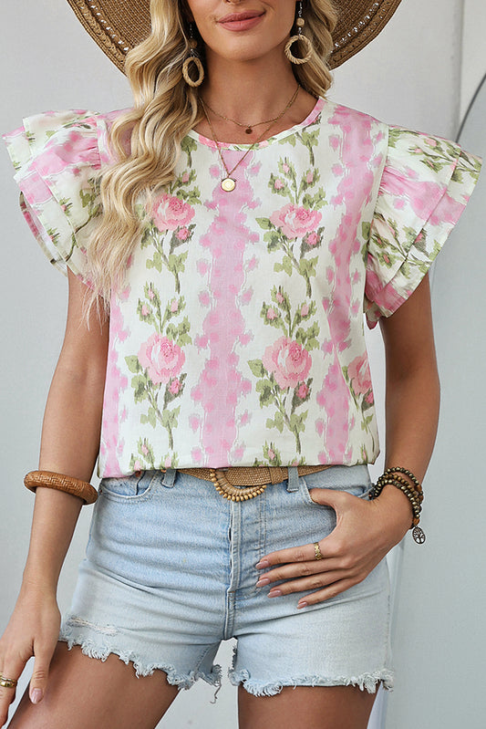 Pink Floral Print Ruffled Sleeve Summer Top #5