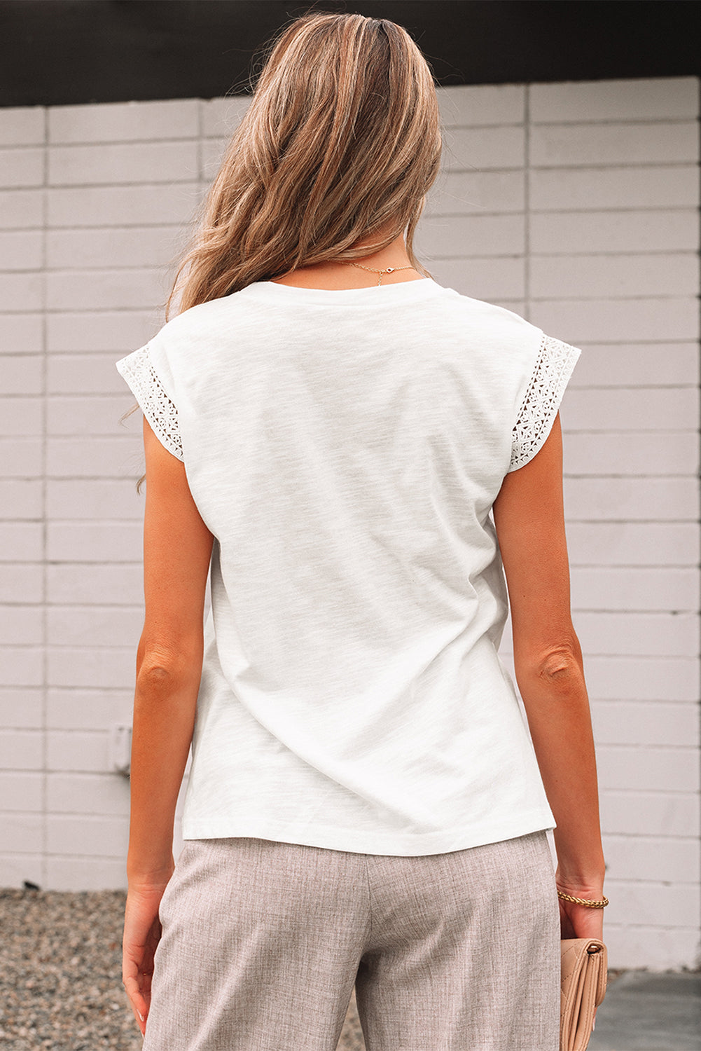 White Lace Patchwork Cap Sleeve Round Neck T Shirt #267