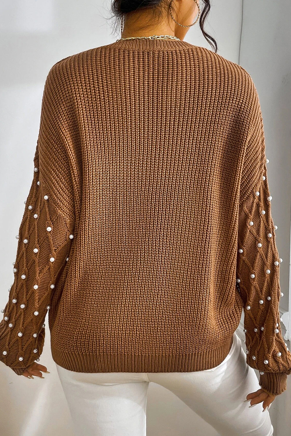 Chestnut Beaded Drop Shoulder Round Neck Sweater #111