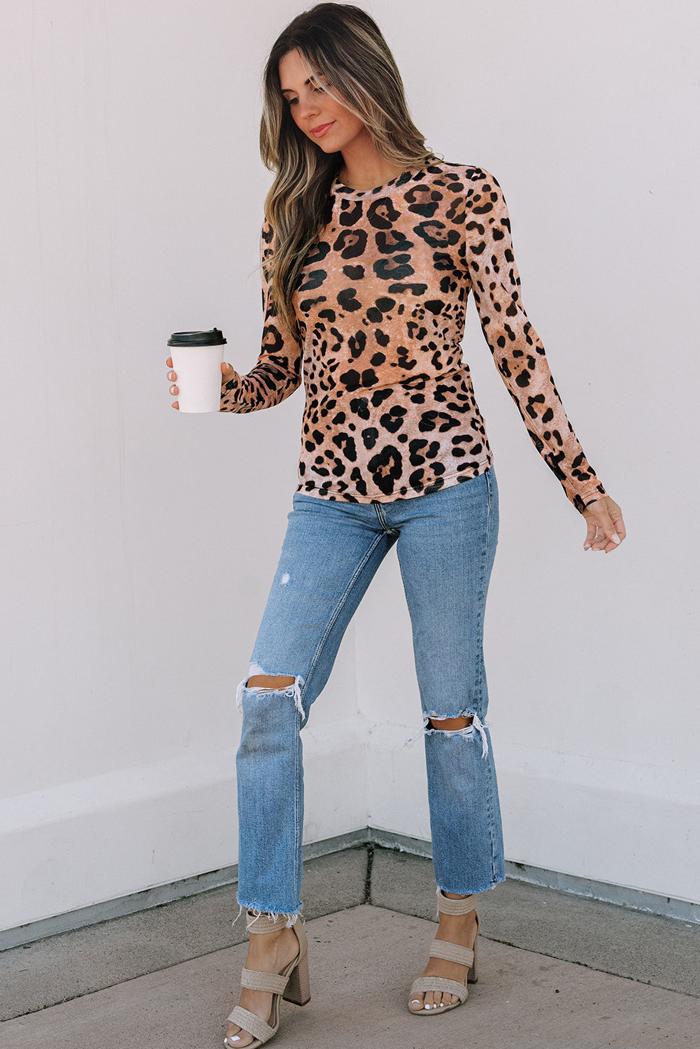 Brown Leopard Round Neck Long Sleeve Slim Top #113