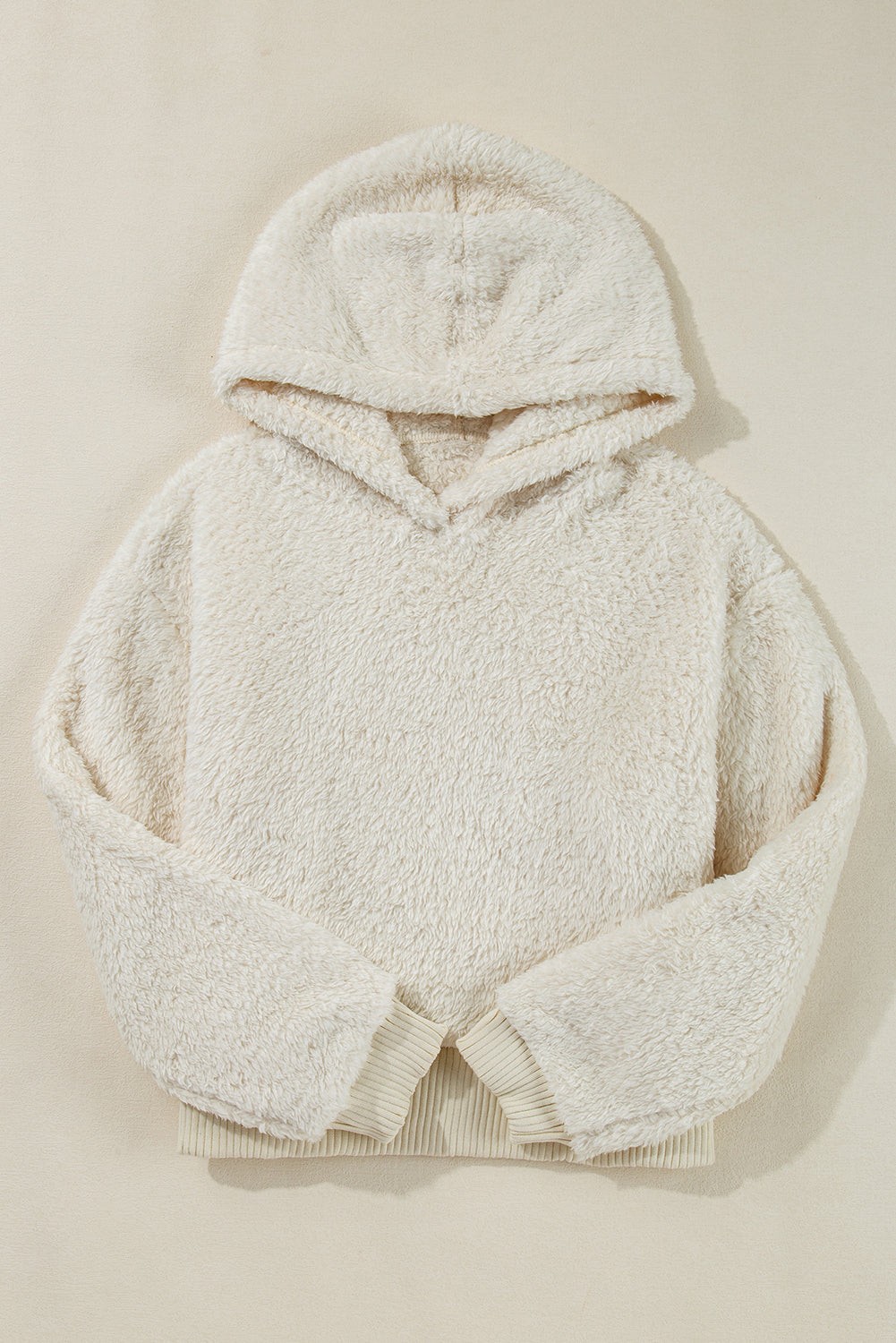 White Contrast Ribbed Edge Plush Hoodie #108