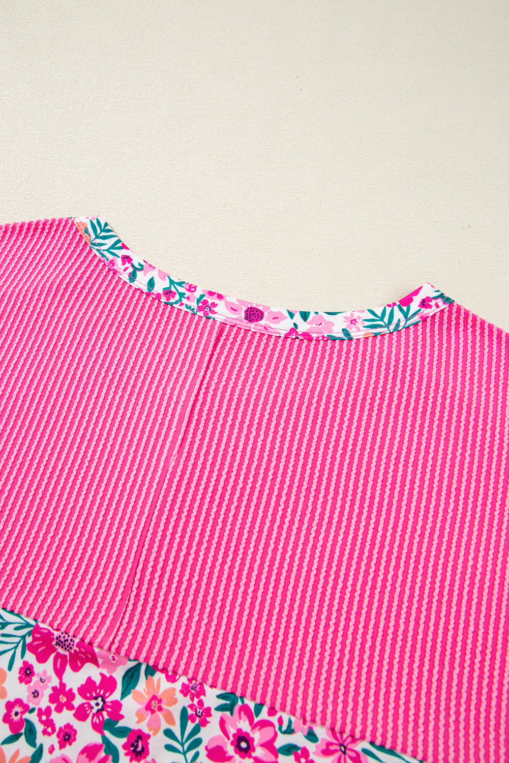 Pink Plus Size Floral Print Corded Patchwork Loose Top #268