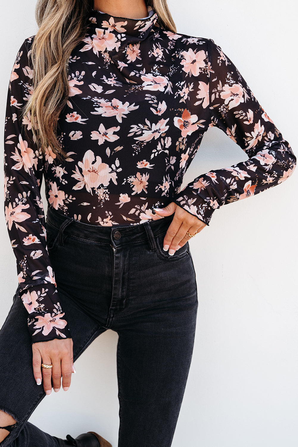 Black Floral Mesh Mock Neck Long Sleeve Slim Fit Top #114