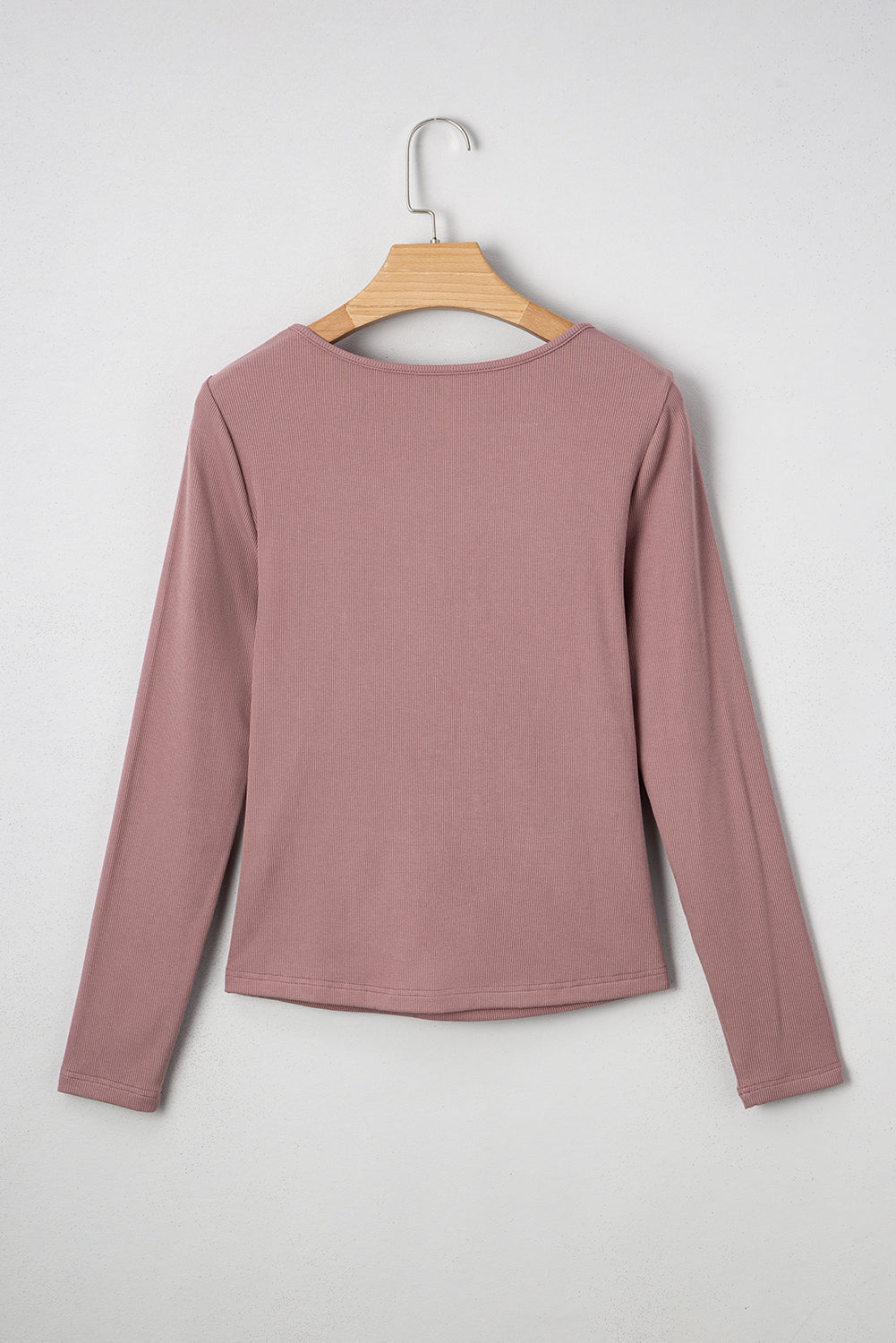 Old Rose Gathered Bust Square Neck Ribbed Fit Long Sleeve Top #21
