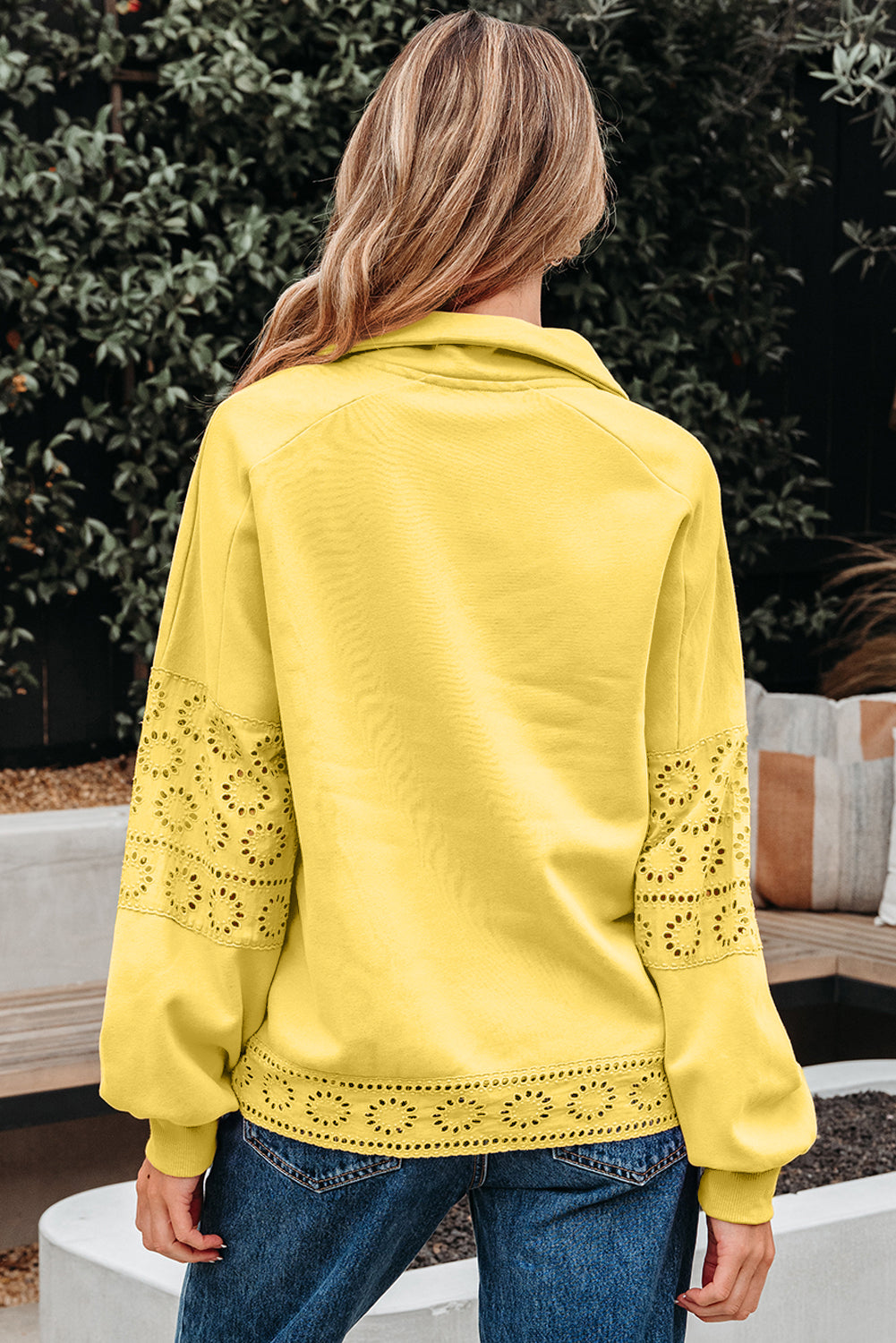 Yellow Cream Embroidered Flower Patchwork Snap Buttons Pullover Sweatshirt #116